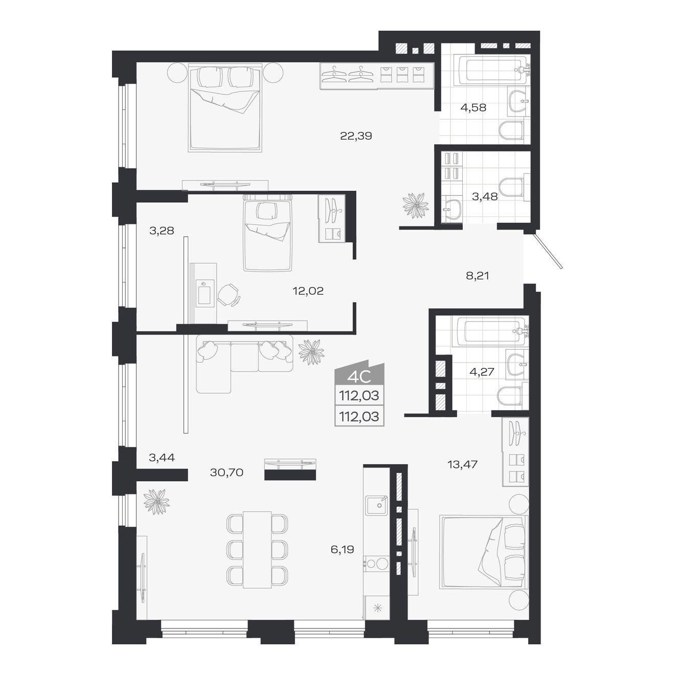 4-комнатная 112 м2 в ЖК Ясный берег корпус null этаж 25