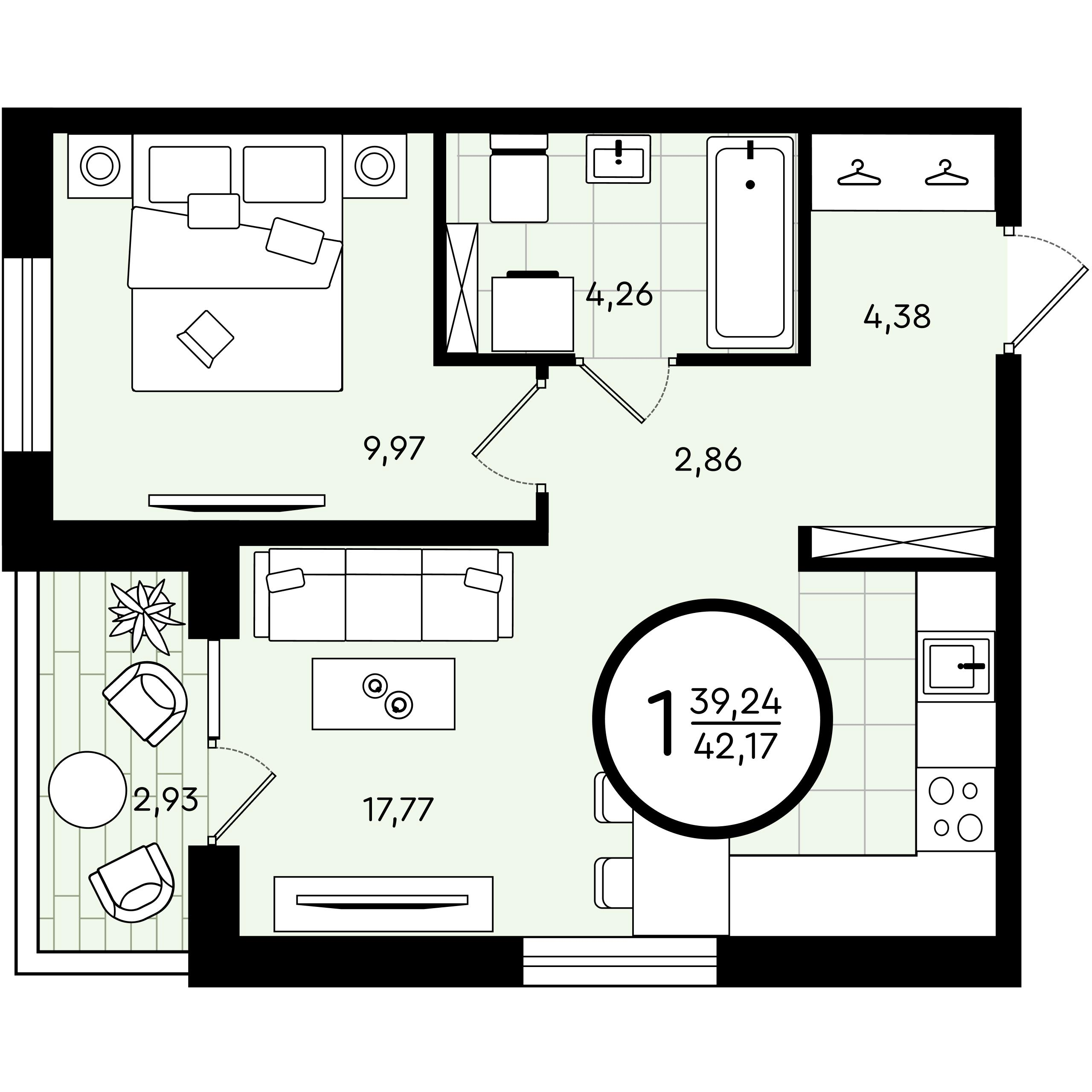 1-комнатная 42 м2 в ЖК Зеленые Аллеи корпус null этаж 1