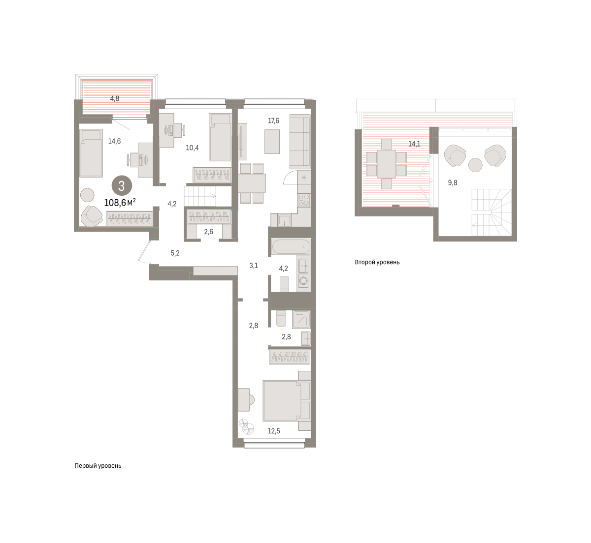3-комнатная 108 м2 в ЖК Зарека корпус null этаж 5