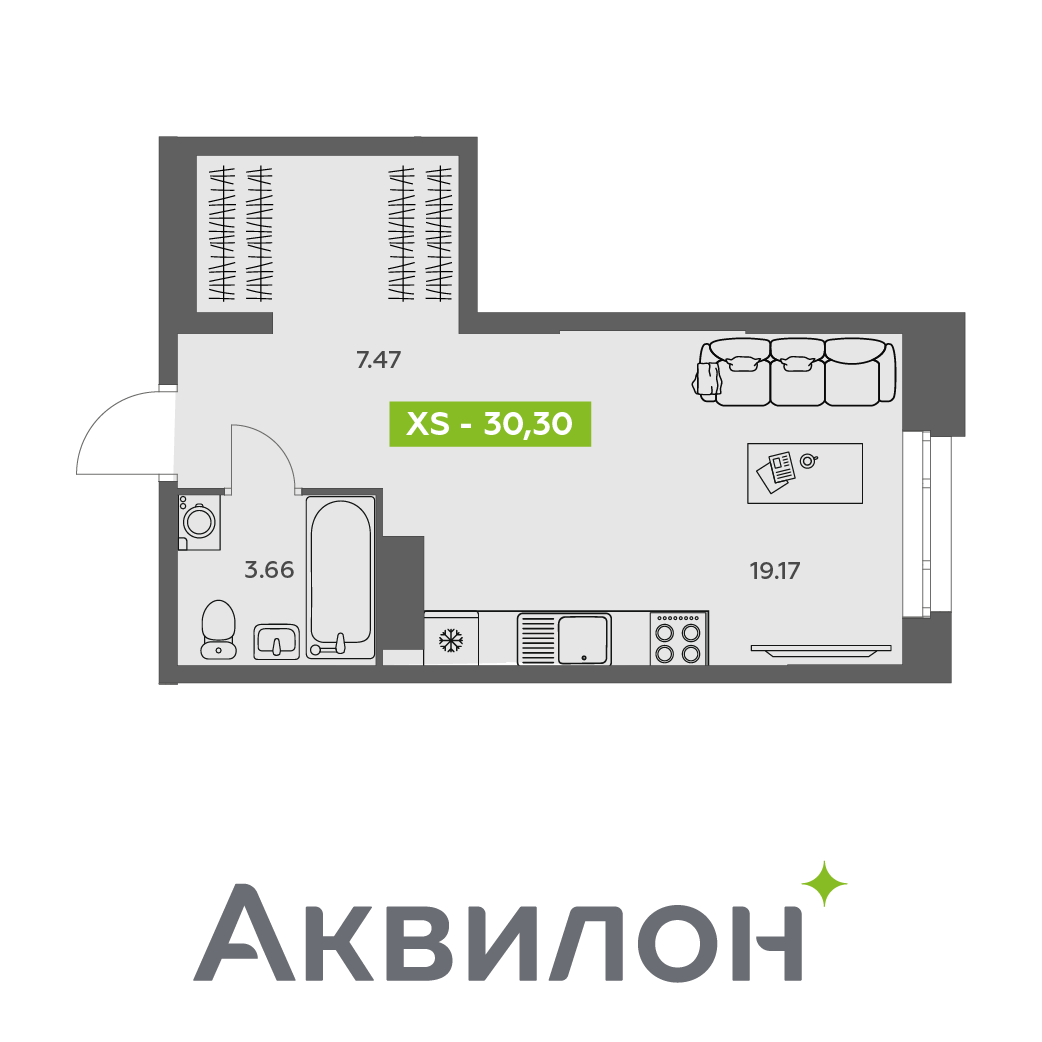 Студия 30 м2 в ЖК Аквилон АКВАРТАЛ корпус null этаж 12