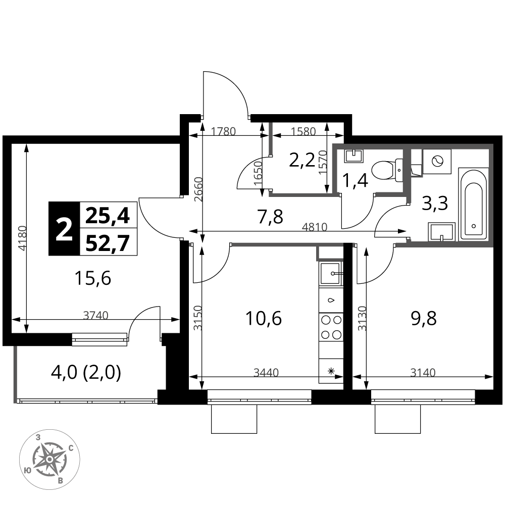 2-комнатная 52 м2 в ЖК 1-й Южный корпус null этаж 14