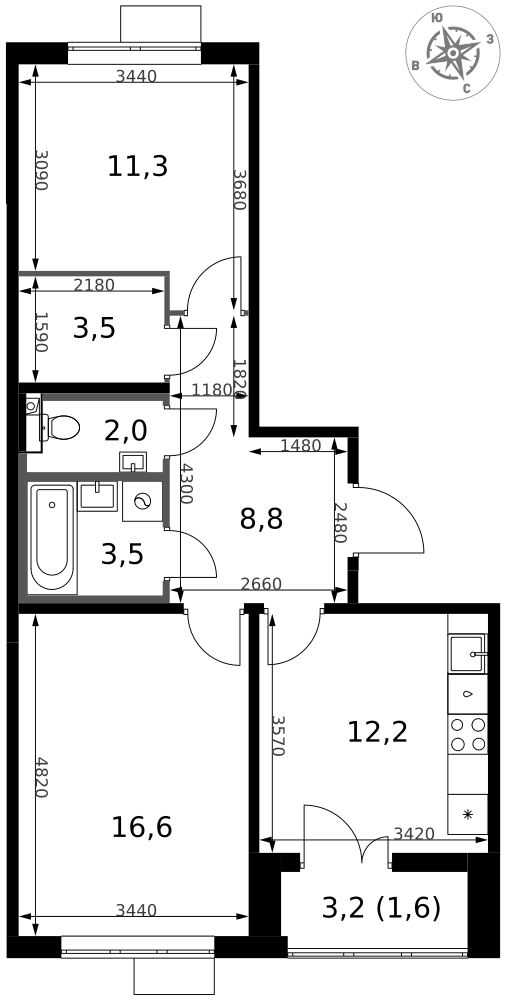 2-комнатная 59 м2 в ЖК 1-й Южный корпус null этаж 23