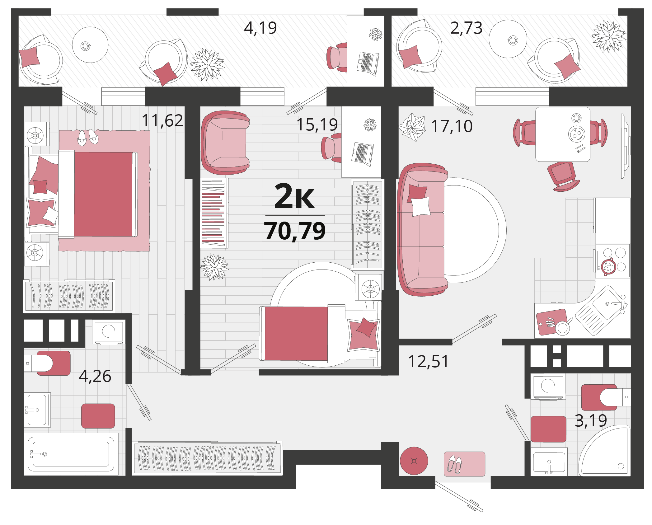 2-комнатная 70 м2 в ЖК Родные просторы корпус null этаж 15