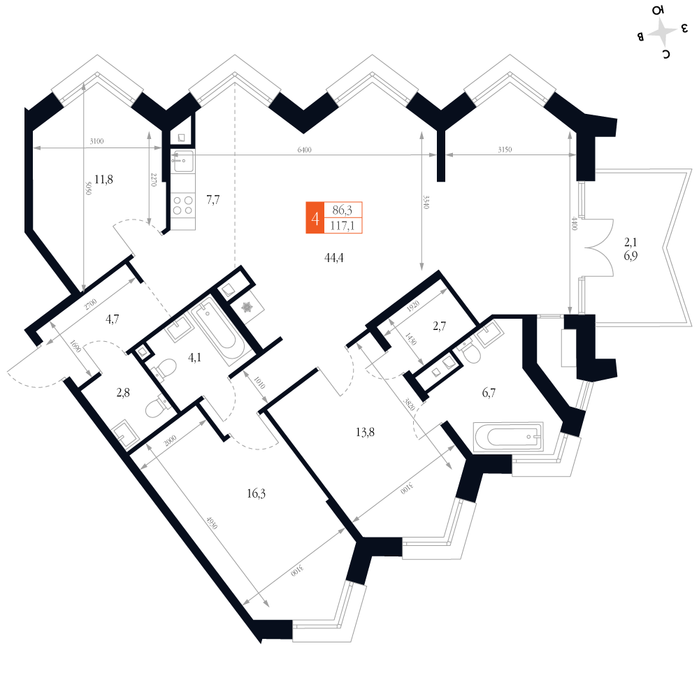 4-комнатная 117 м2 в ЖК Фордевинд корпус null этаж 18