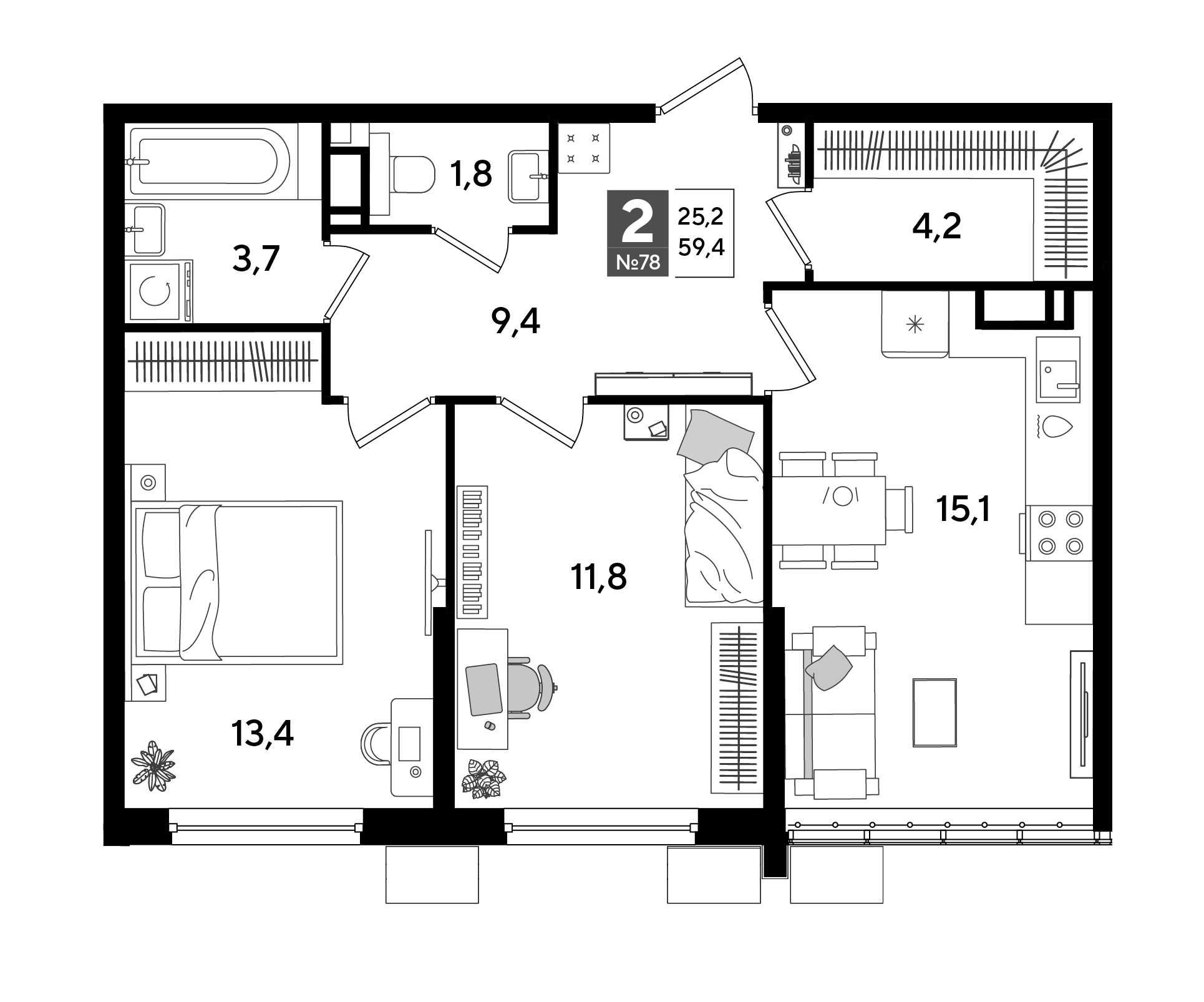 2-комнатная 59 м2 в ЖК Догма Парк корпус null этаж 11