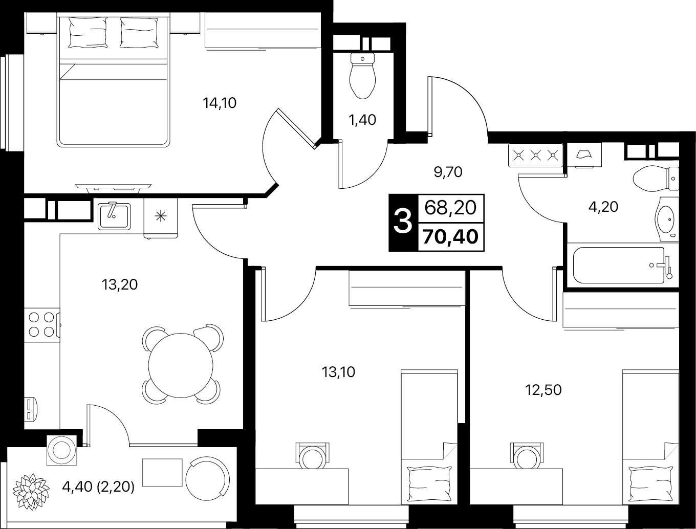 3-комнатная 70 м2 в ЖК Эстет корпус null этаж 6