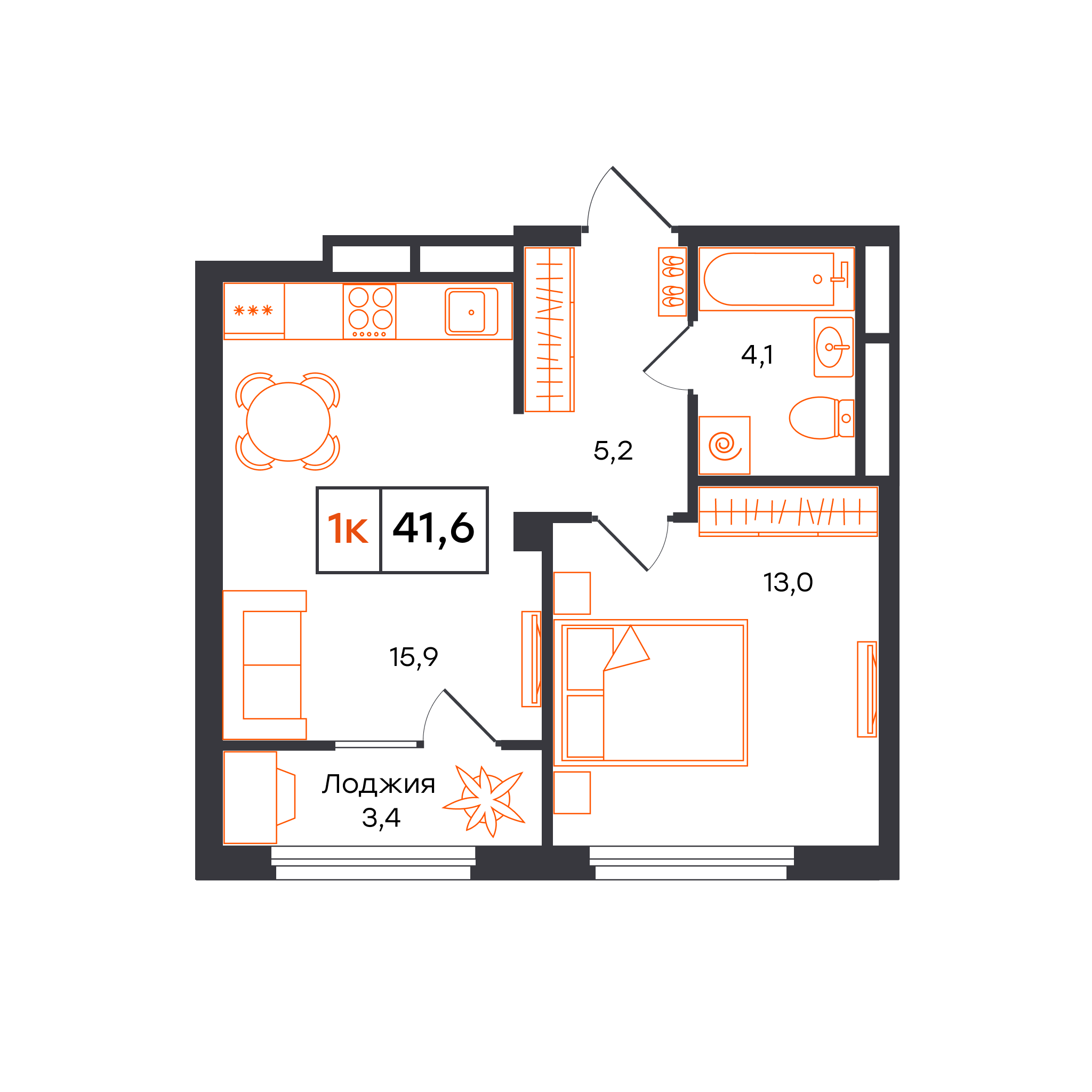 1-комнатная 41 м2 в ЖК Отличие корпус null этаж 5