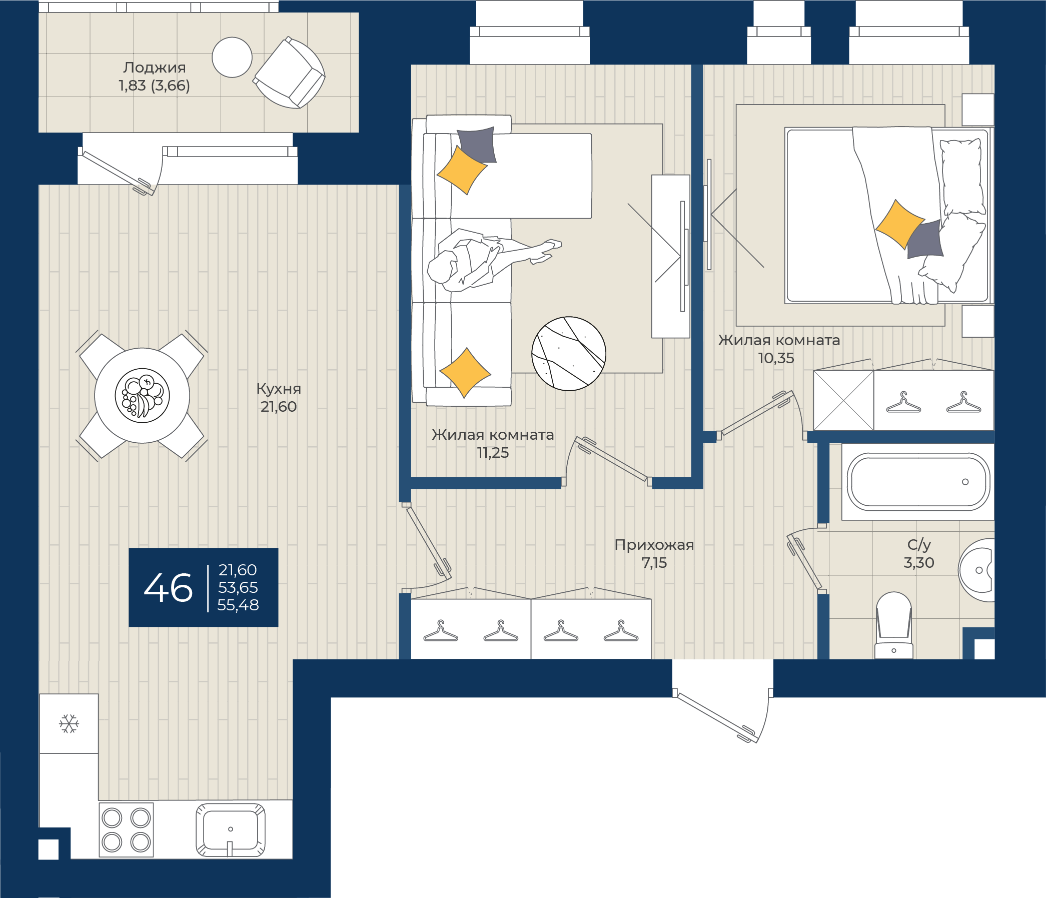 2-комнатная 55 м2 в ЖК Чехова корпус null этаж 4
