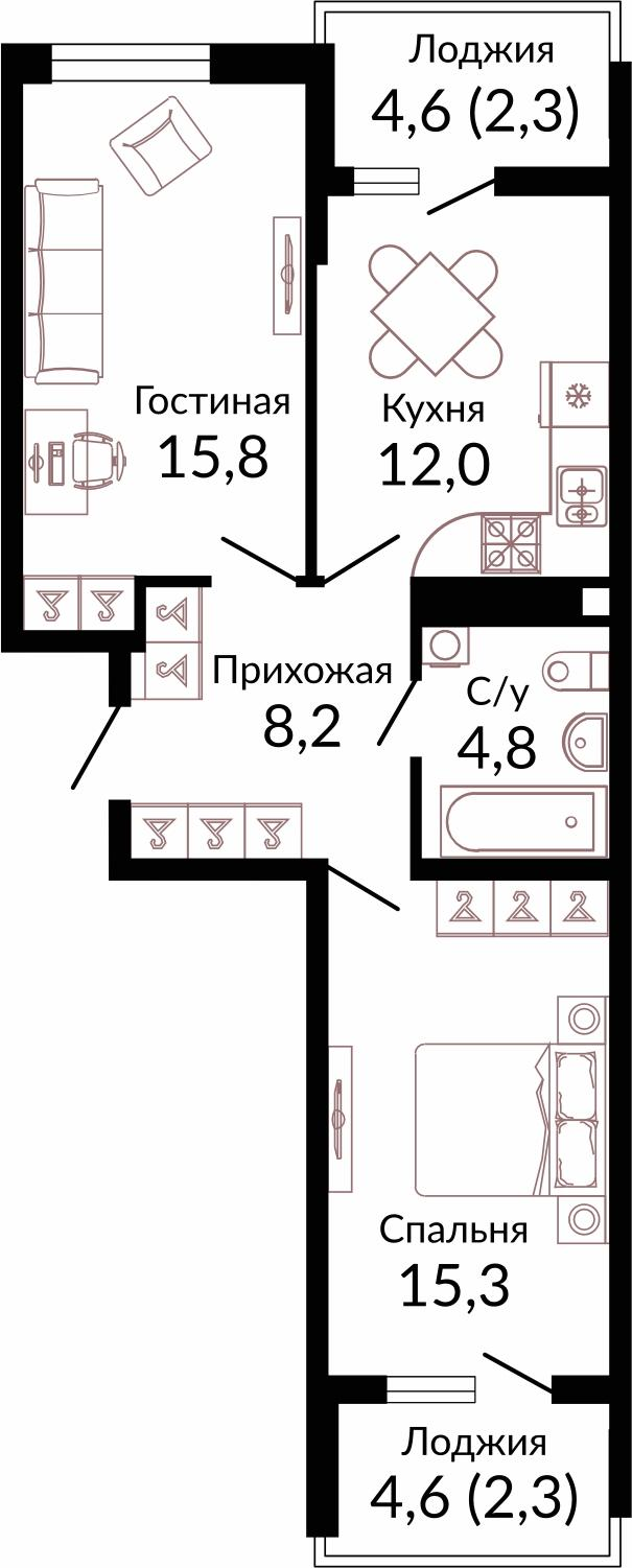 2-комнатная 62 м2 в ЖК Отражение корпус null этаж 2