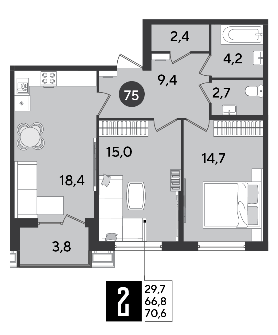 2-комнатная 70 м2 в ЖК Парк Победы 2 корпус null этаж 2