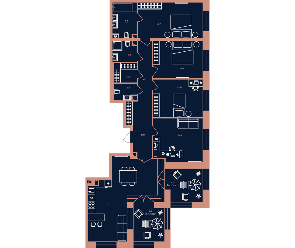 5-комнатная 125 м2 в ЖК ERA / Дербеневская 20 корпус null этаж 31