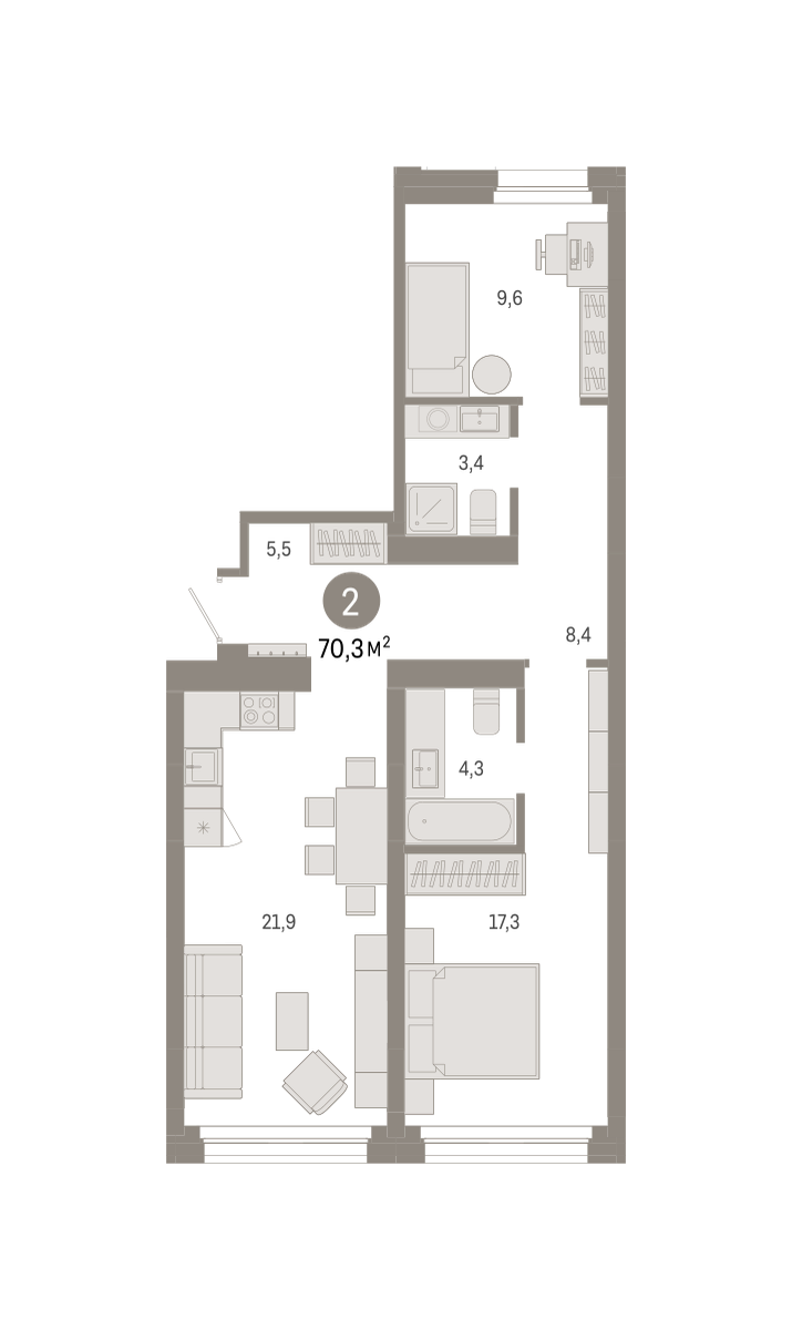 2-комнатная 70 м2 в ЖК Квартал Нефть корпус null этаж 2