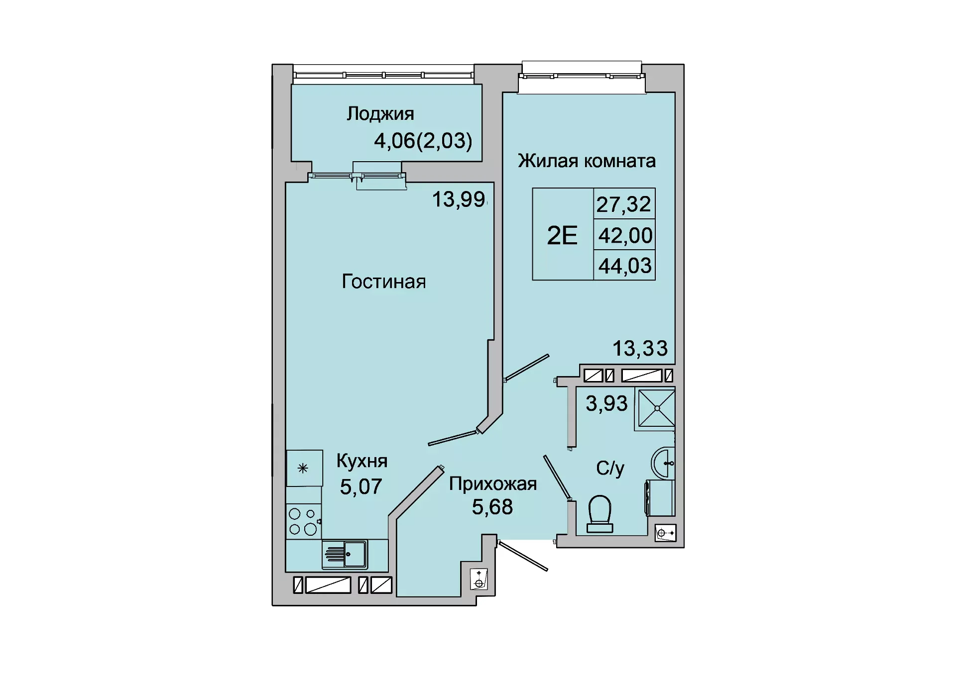 2-комнатная 44 м2 в ЖК Булгаков корпус null этаж 15