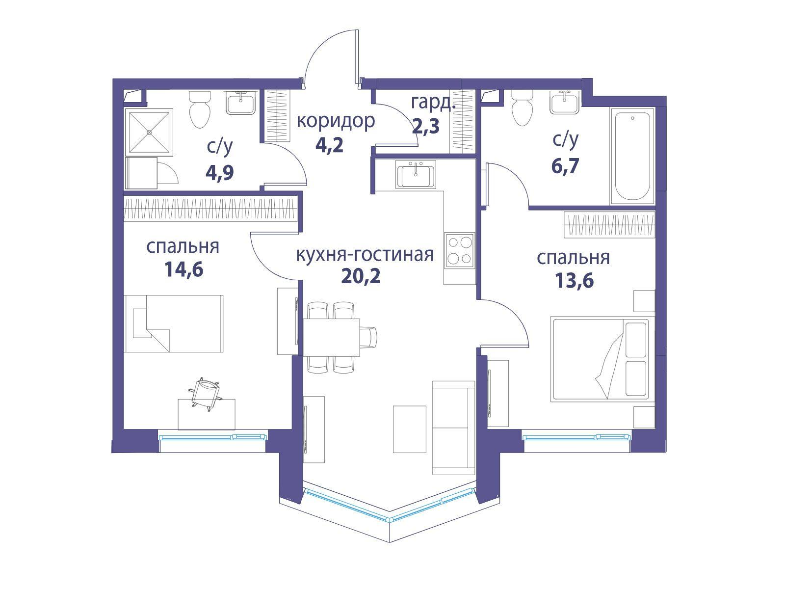 2-комнатная 66 м2 в ЖК Символ корпус null этаж 20