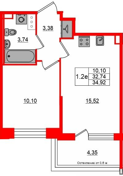 1-комнатная 32 м2 в ЖК Сэтл Лофт корпус null этаж 9