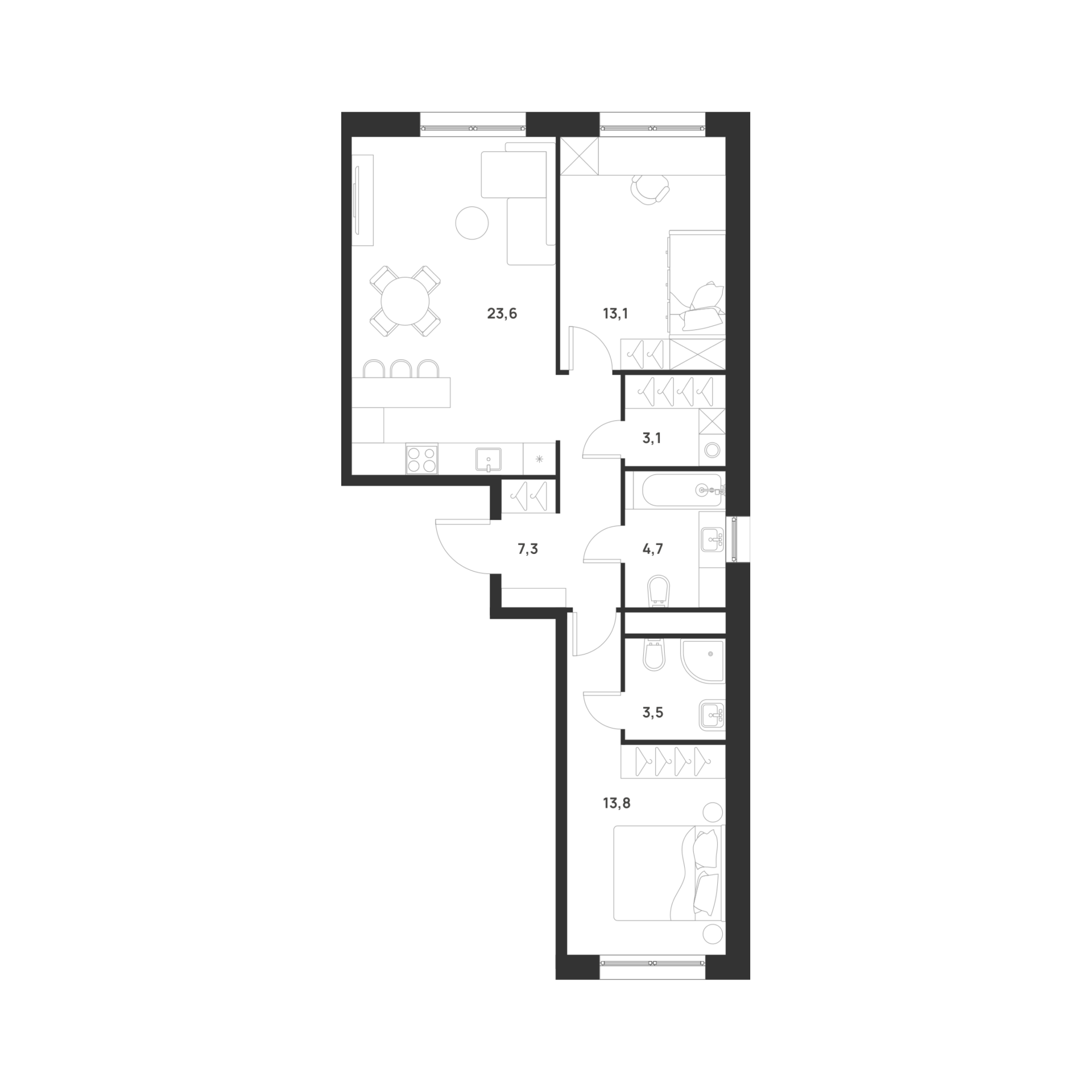 2-комнатная 69 м2 в ЖК Форевиль корпус null этаж 2