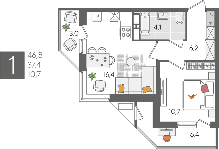 1-комнатная 46 м2 в ЖК Рекорд 2 корпус null этаж 17