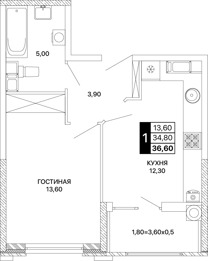 1-комнатная 36 м2 в ЖК Сияние корпус null этаж 3