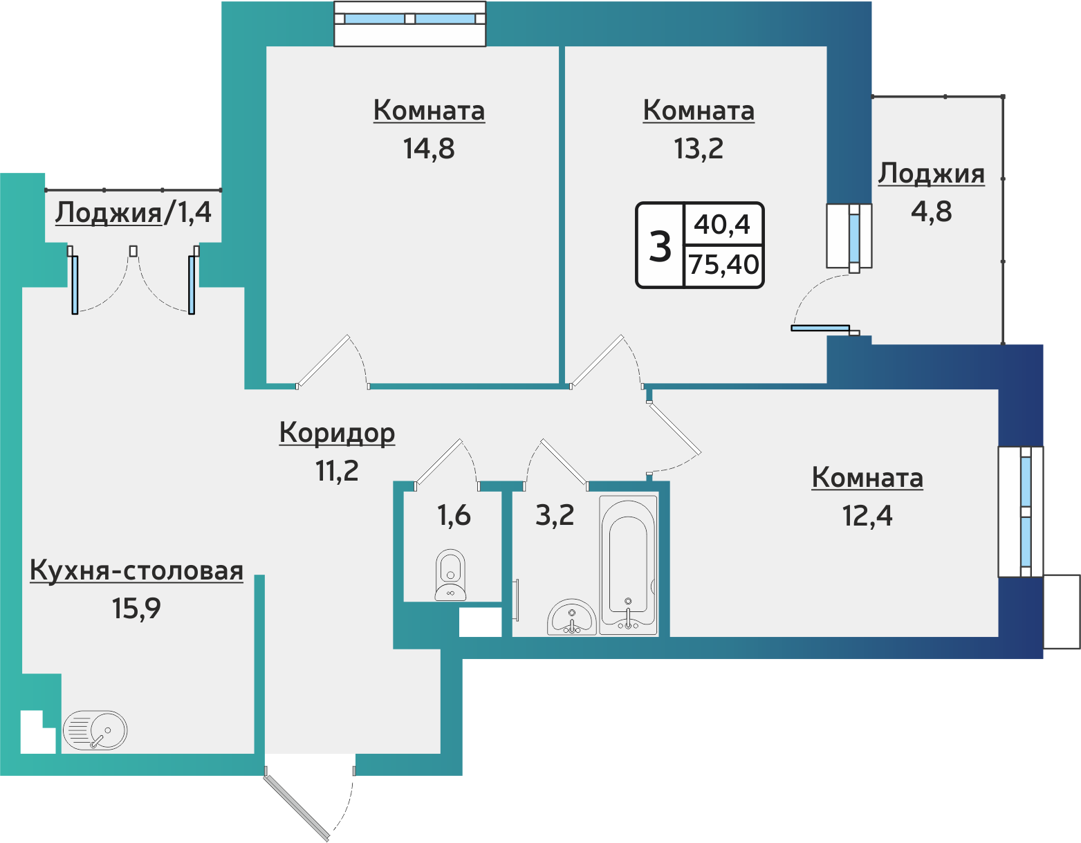 3-комнатная 75 м2 в ЖК Forest корпус null этаж 6