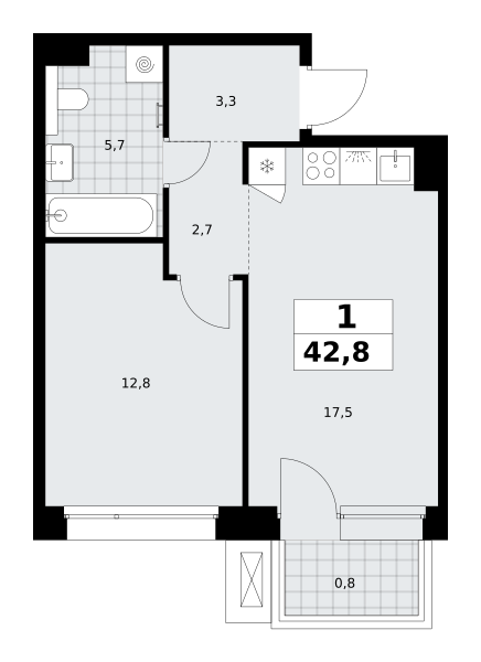 1-комнатная 42 м2 в ЖК Хольм корпус null этаж 3