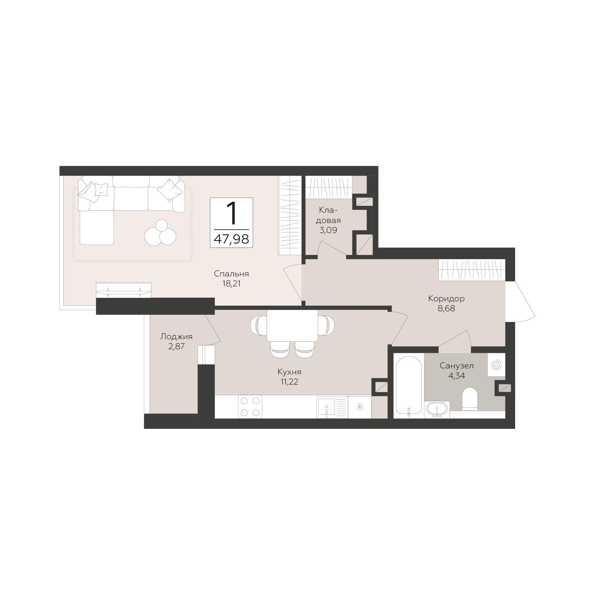 1-комнатная 47 м2 в ЖК Скай корпус null этаж 2