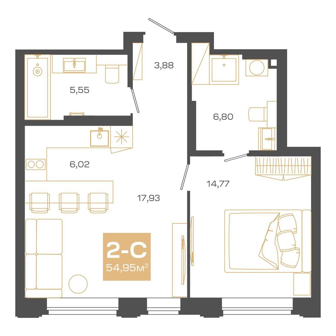2-комнатная 54 м2 в ЖК Пульсар корпус null этаж 20