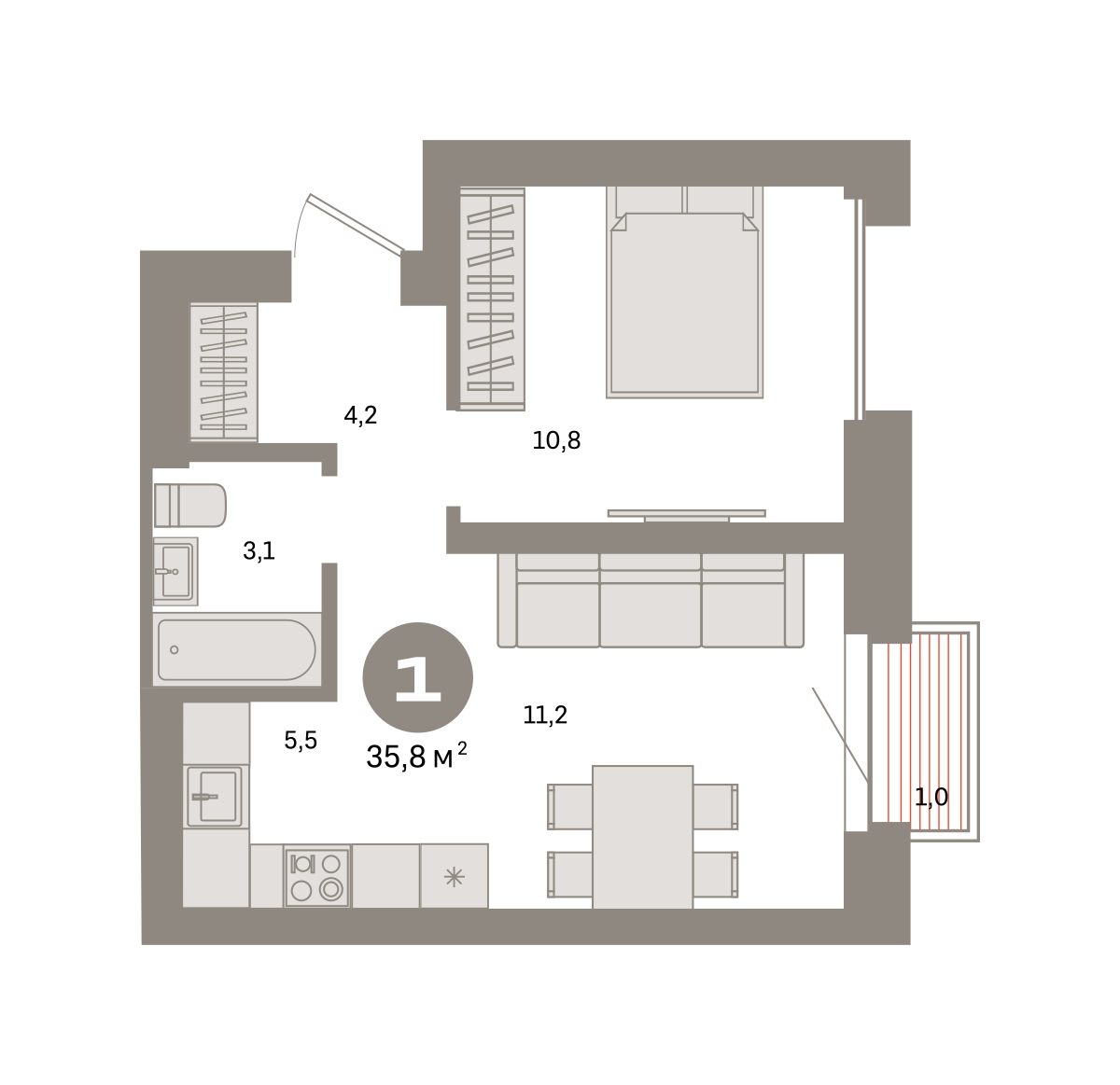 1-комнатная 35 м2 в ЖК Метроном корпус null этаж 10