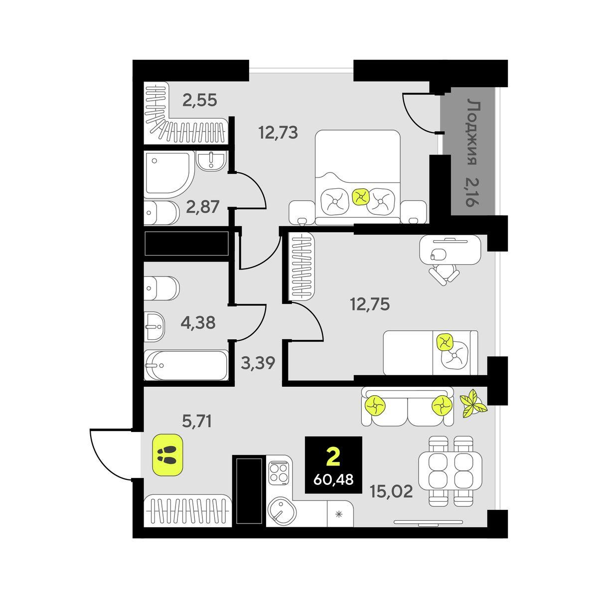 2-комнатная 60 м2 в ЖК Мотивы корпус null этаж 11