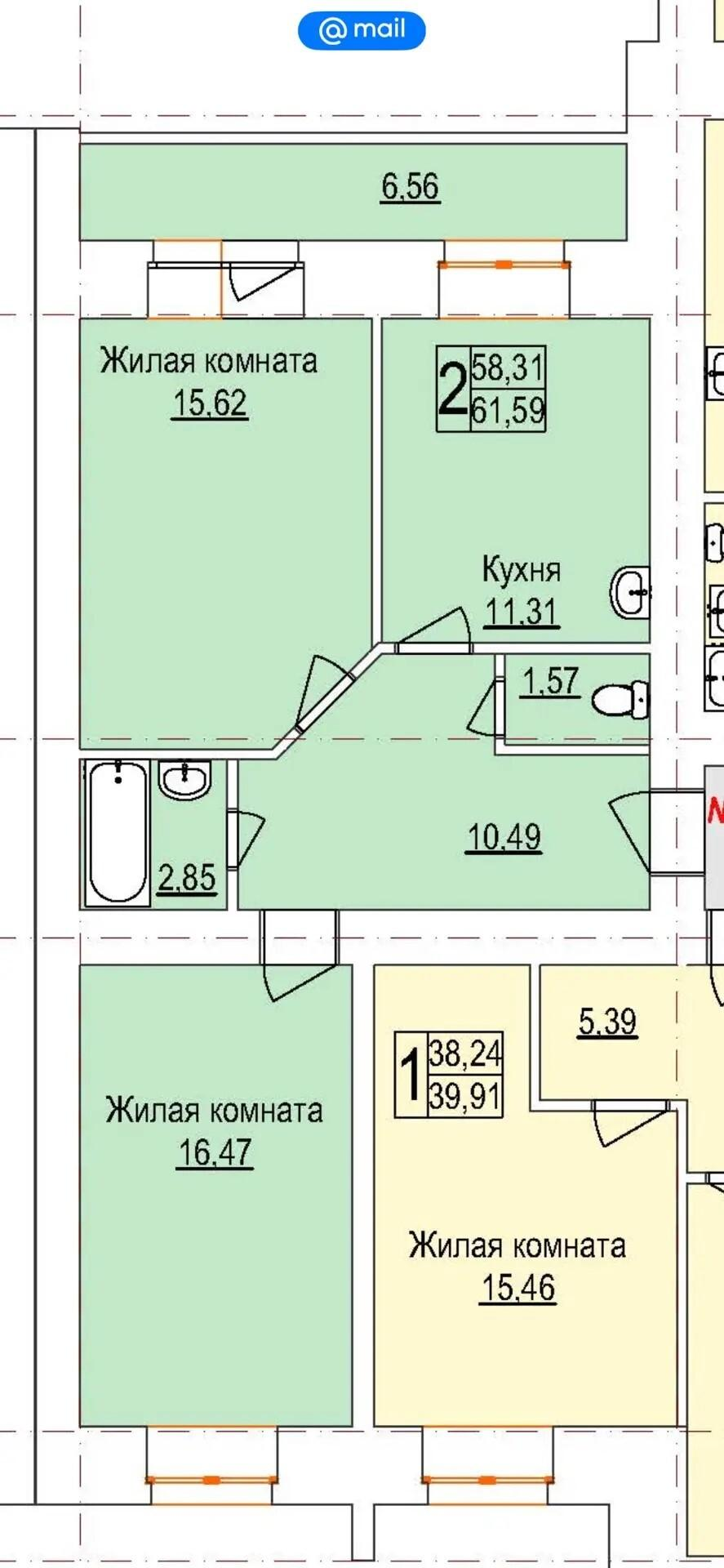 2-комнатная 61.6 м2 в ЖК undefined корпус null этаж 8