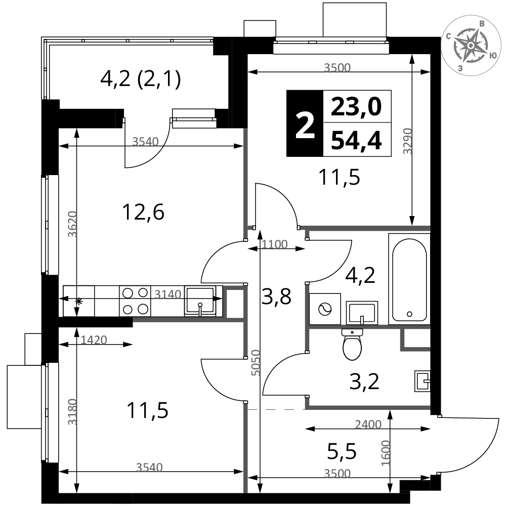2-комнатная 54 м2 в ЖК 1-й Измайловский корпус null этаж 17