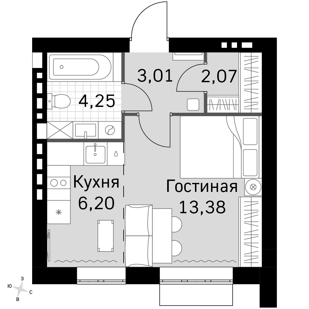 1-комнатная 28 м2 в ЖК Жаворонки Клаб корпус null этаж 4
