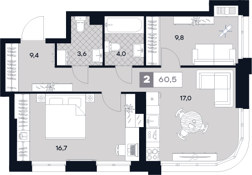2-комнатная 60 м2 в ЖК Юту корпус null этаж 2