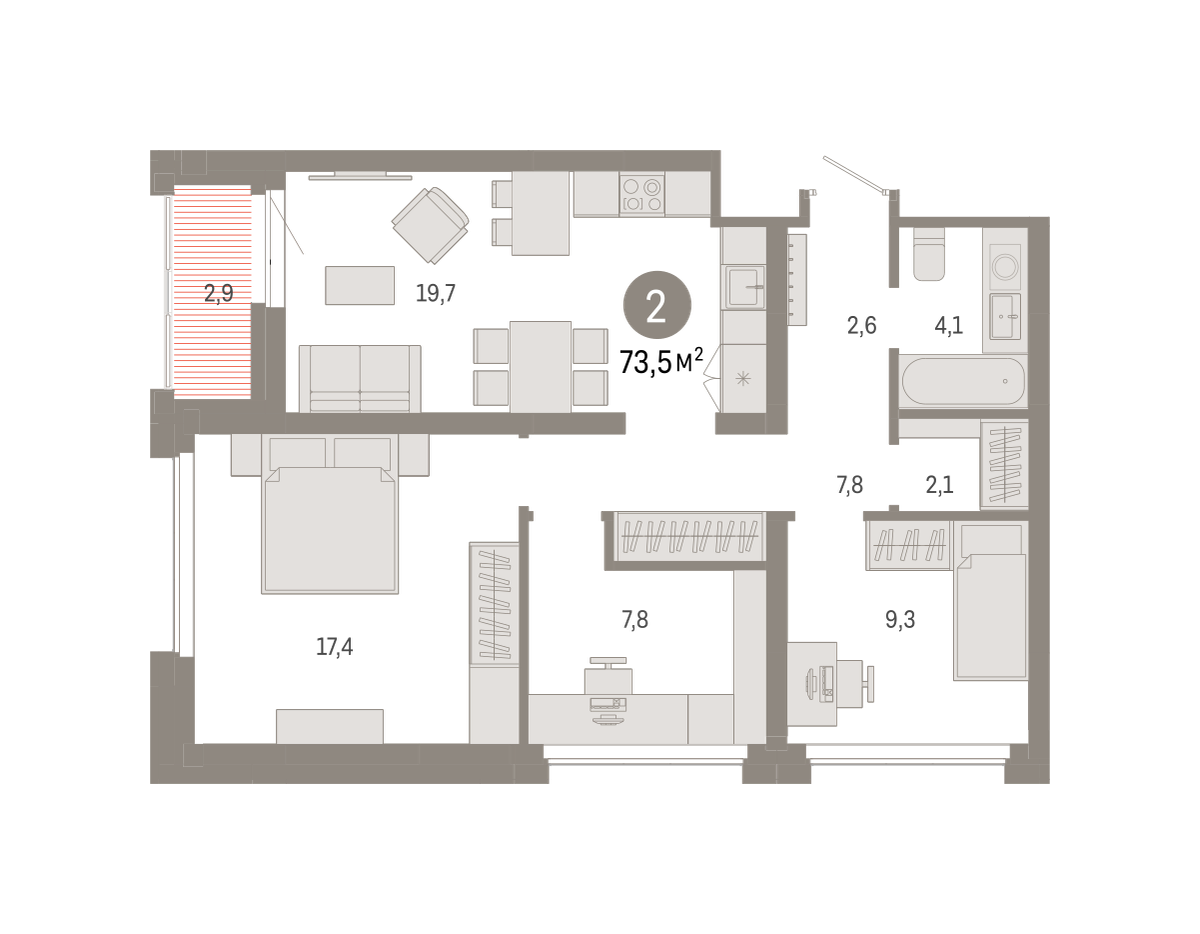 2-комнатная 73 м2 в ЖК Квартал Нефть корпус null этаж 9