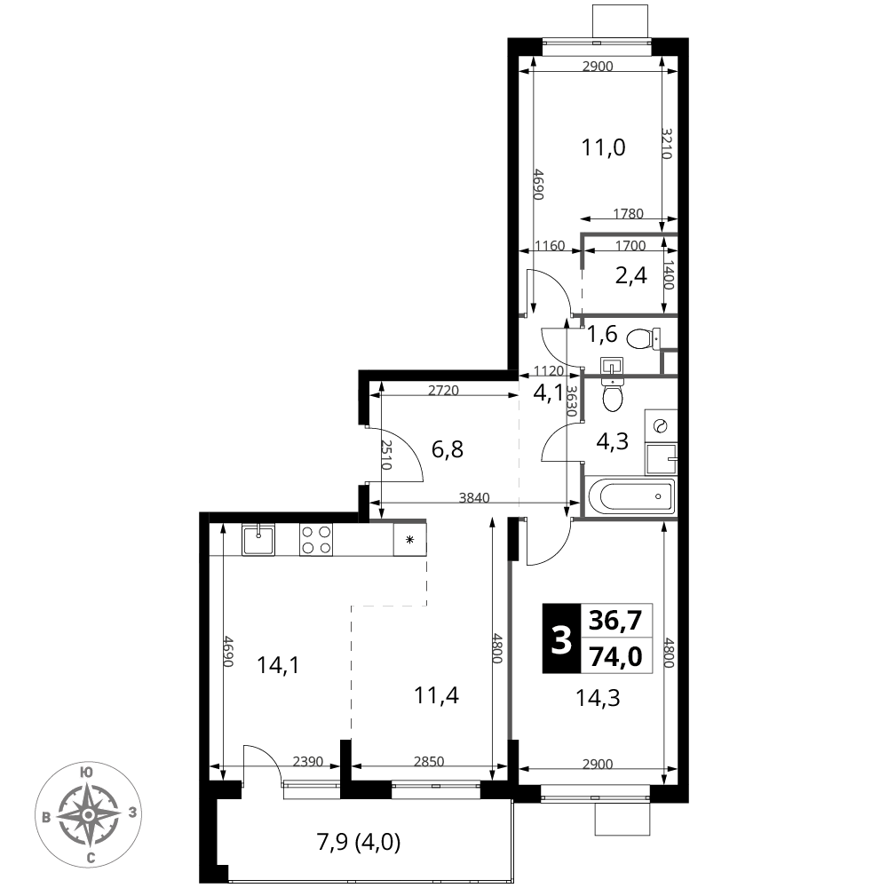 3-комнатная 74 м2 в ЖК 1-й Шереметьевский корпус null этаж 17
