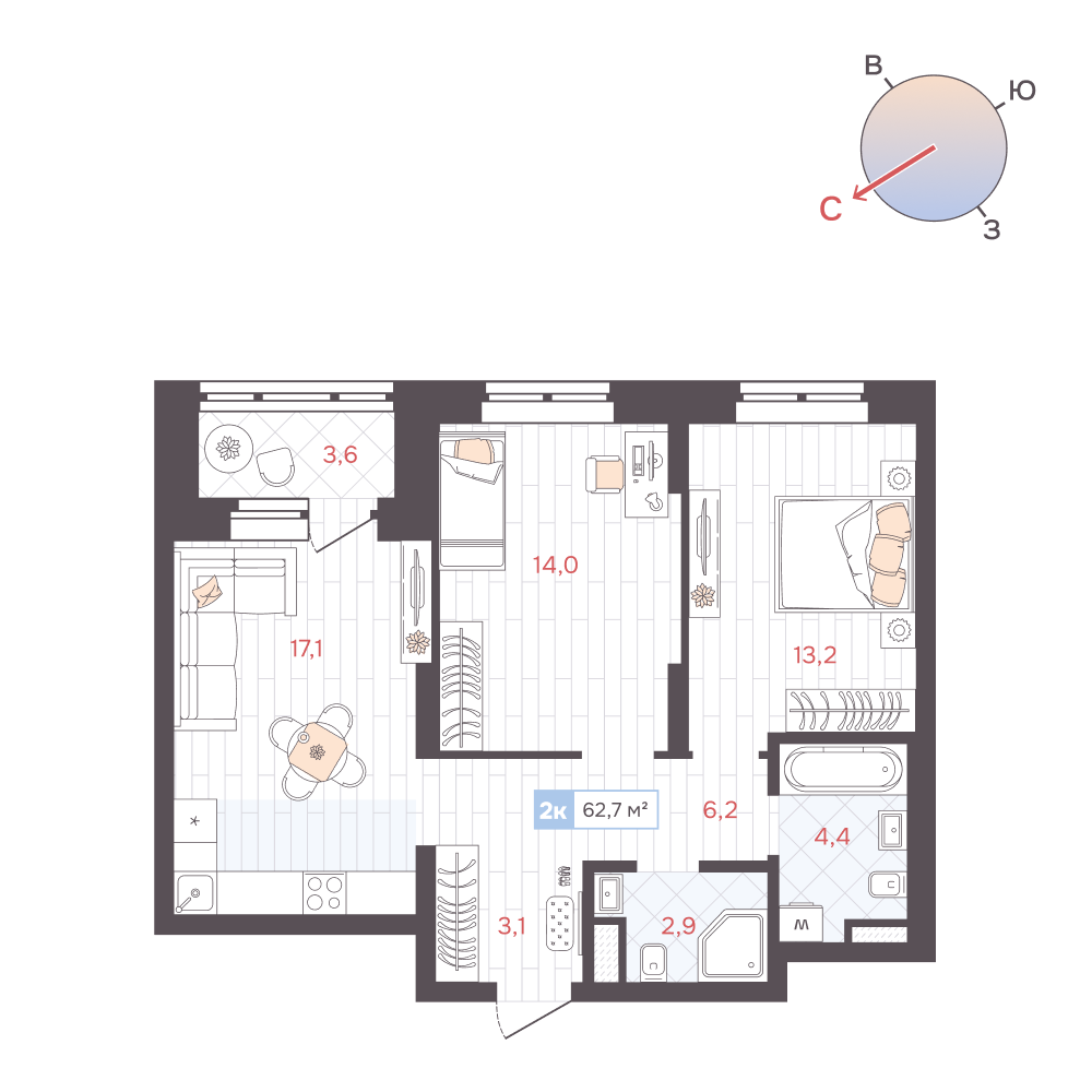 2-комнатная 62 м2 в ЖК ДА корпус null этаж 10
