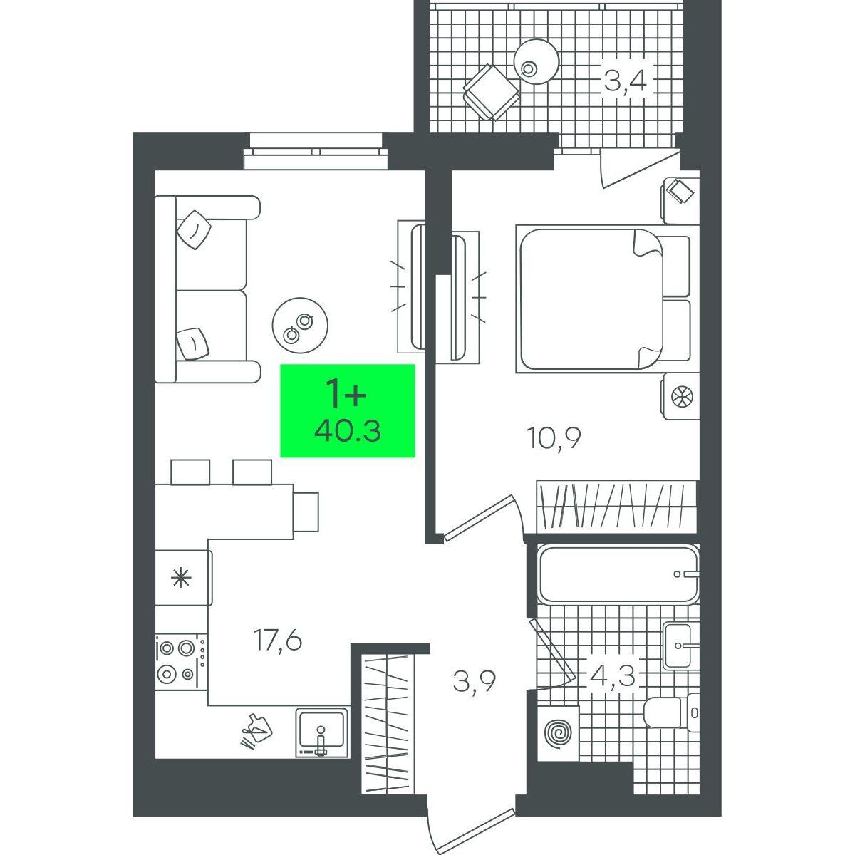 1-комнатная 40 м2 в ЖК Гранд Квартал корпус null этаж 21