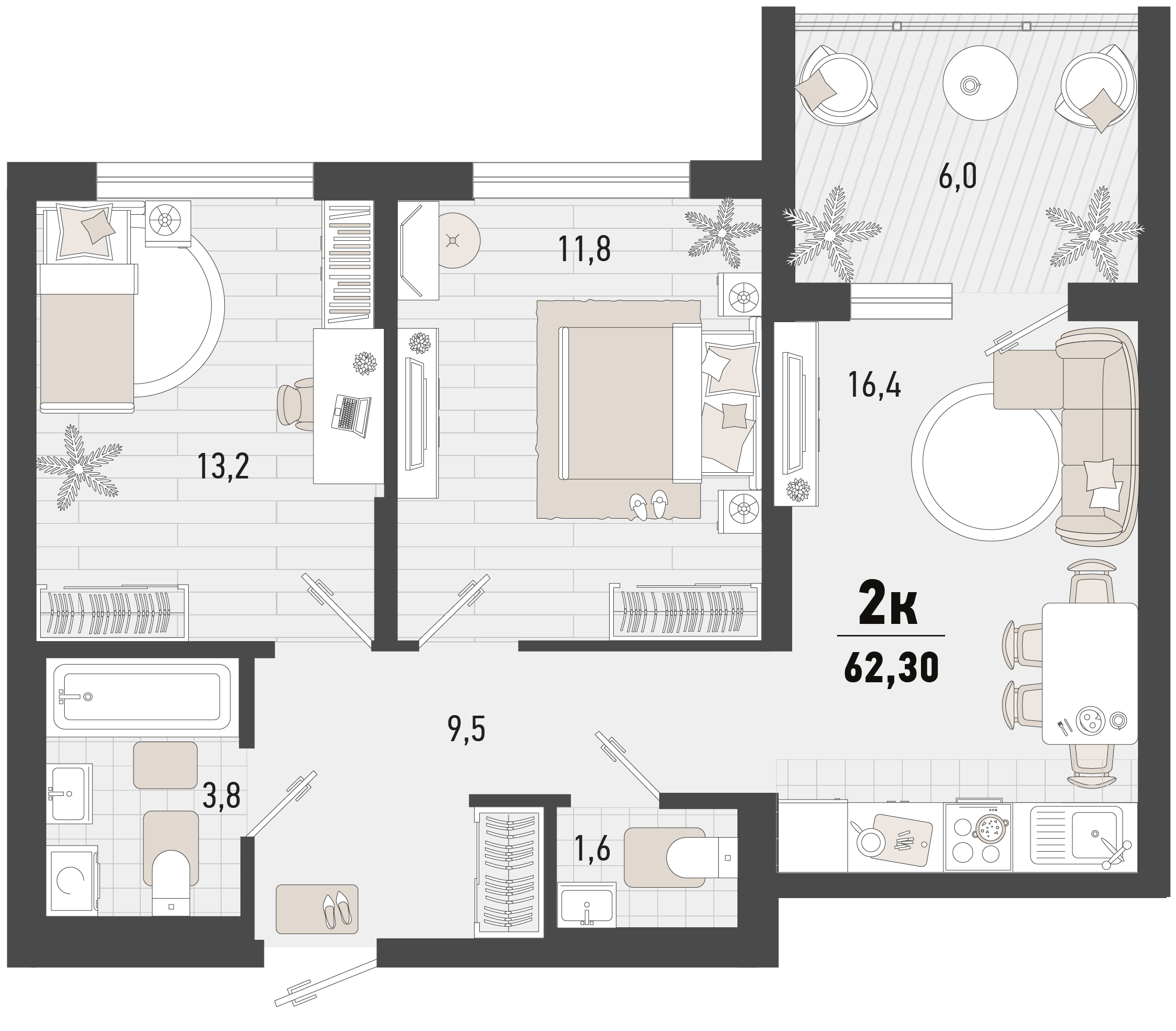 2-комнатная 62 м2 в ЖК Барса корпус null этаж 10
