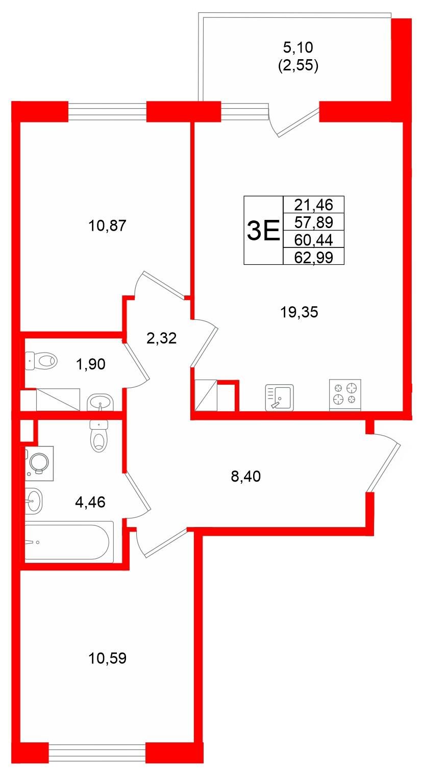 2-комнатная 60 м2 в ЖК IQ Гатчина корпус null этаж 3