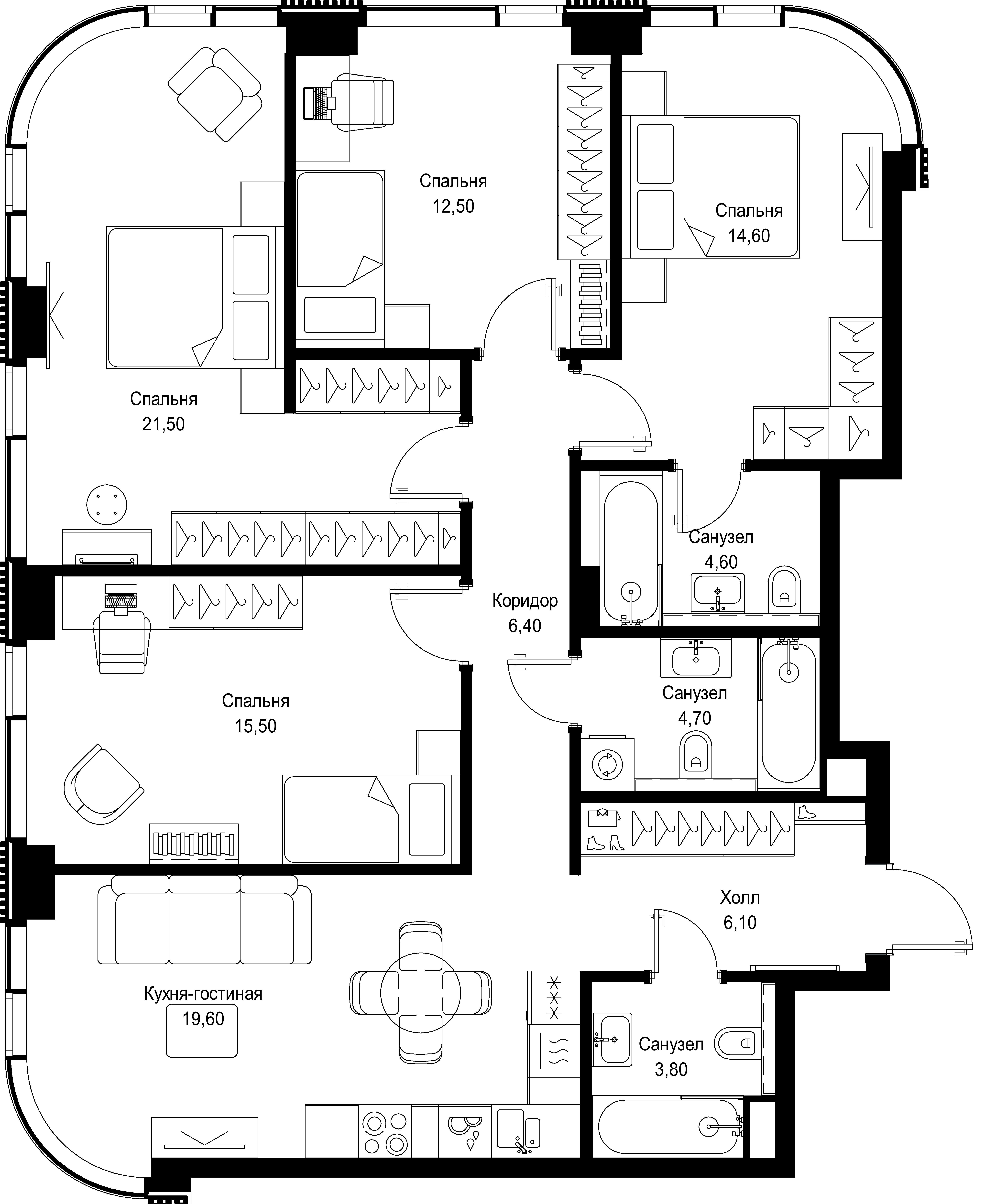 4-комнатная 109 м2 в ЖК Cityzen корпус null этаж 13