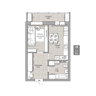 1-комнатная 40 м2 в ЖК Нова (Nova Apart) корпус null этаж 6