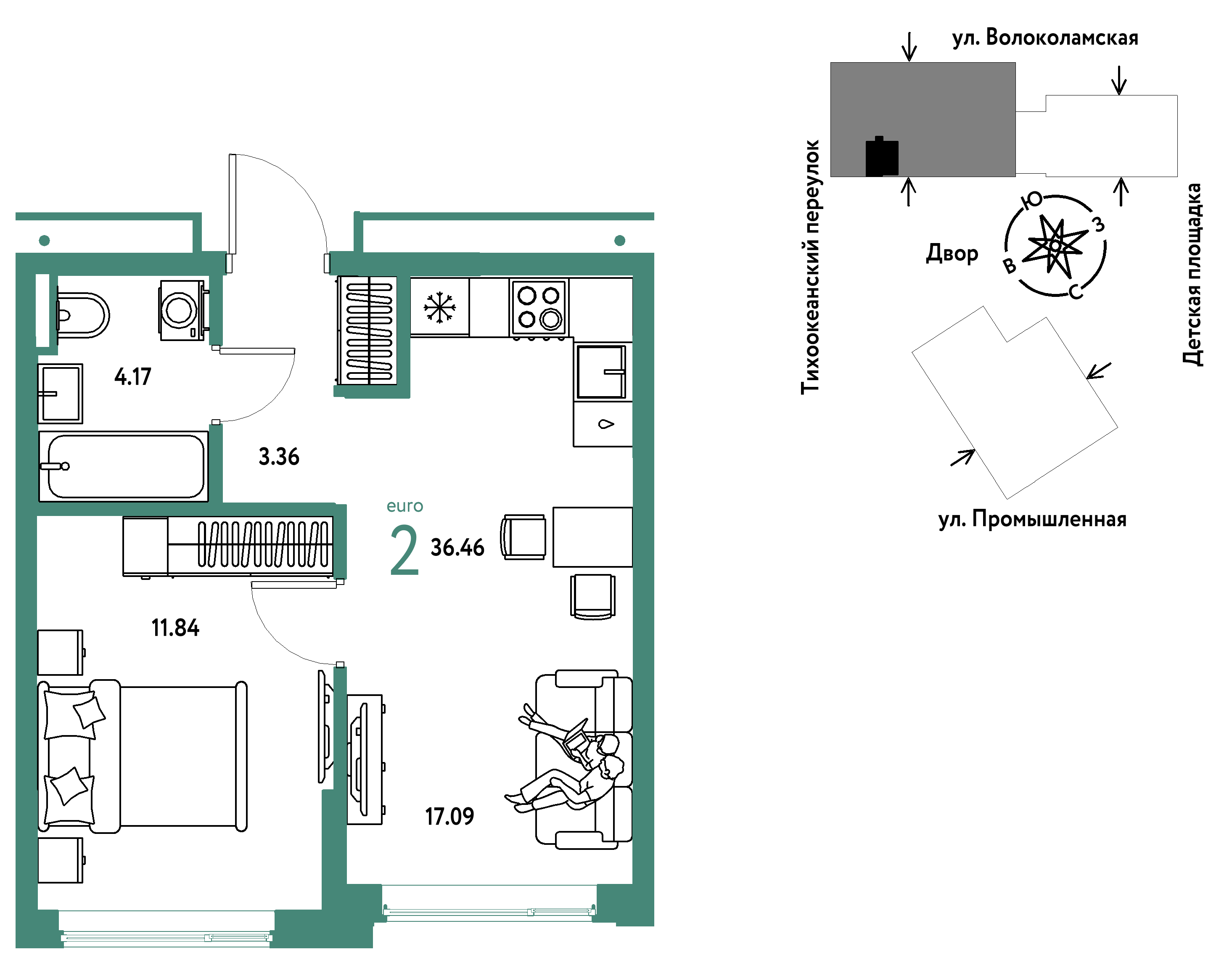 2-комнатная 36 м2 в ЖК Страна.Прибрежная корпус null этаж 14