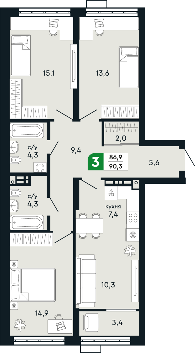 3-комнатная 90 м2 в ЖК Квартал Парковый корпус null этаж 7