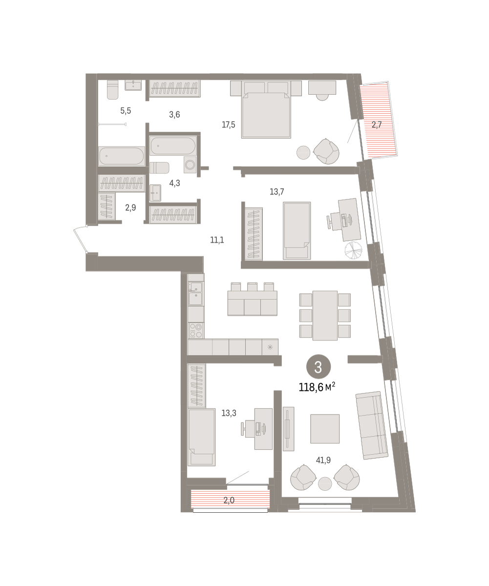 3-комнатная 118 м2 в ЖК Речной порт корпус null этаж 7