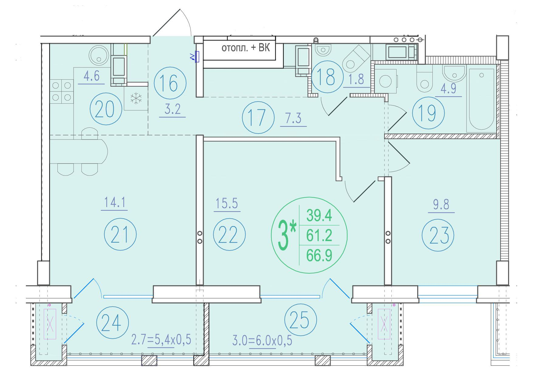 3-комнатная 66 м2 в ЖК Состояние корпус null этаж 15