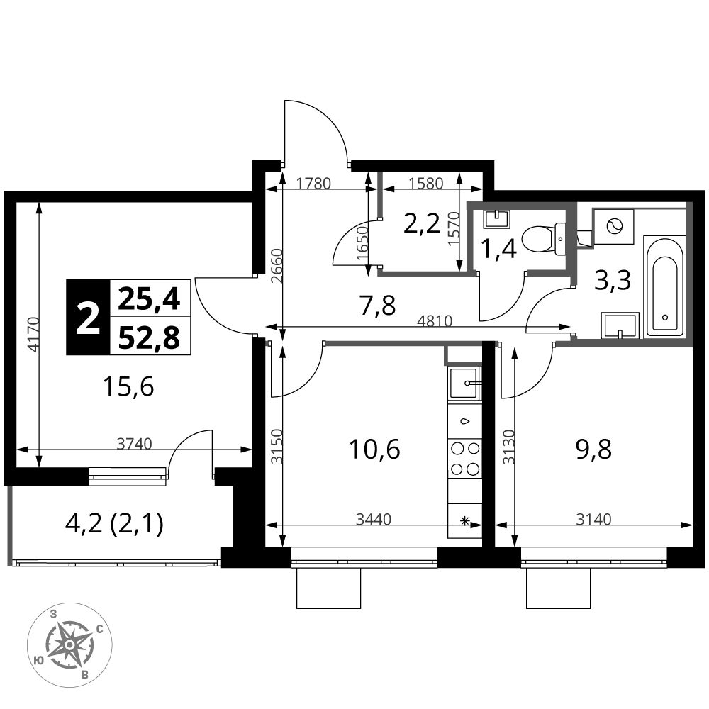 2-комнатная 52 м2 в ЖК 1-й Южный корпус null этаж 14