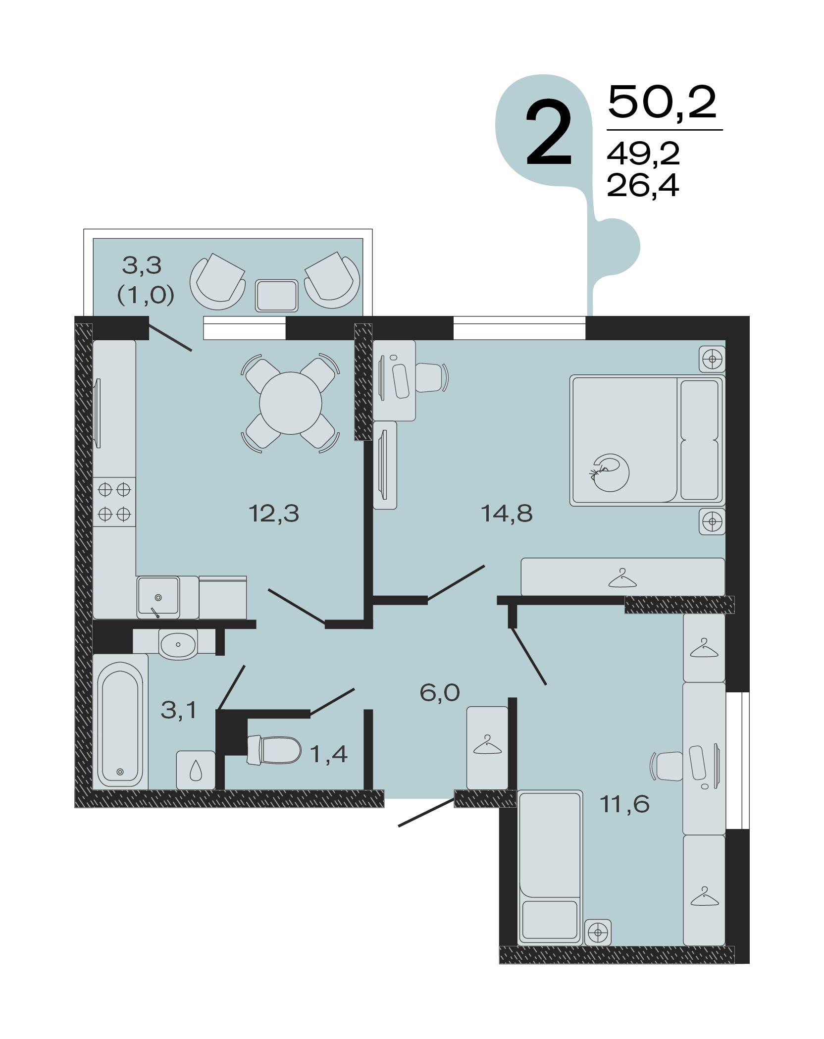 2-комнатная 50 м2 в ЖК ЭВО корпус null этаж 3