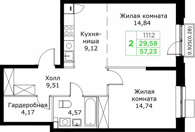 2-комнатная 57 м2 в ЖК Кит корпус null этаж 14