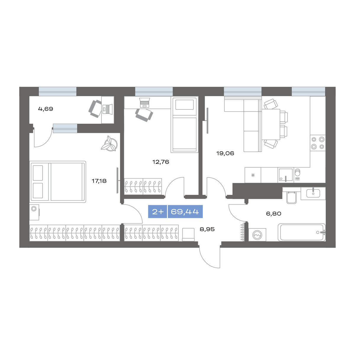 2-комнатная 69 м2 в ЖК Пятнашка корпус null этаж 15