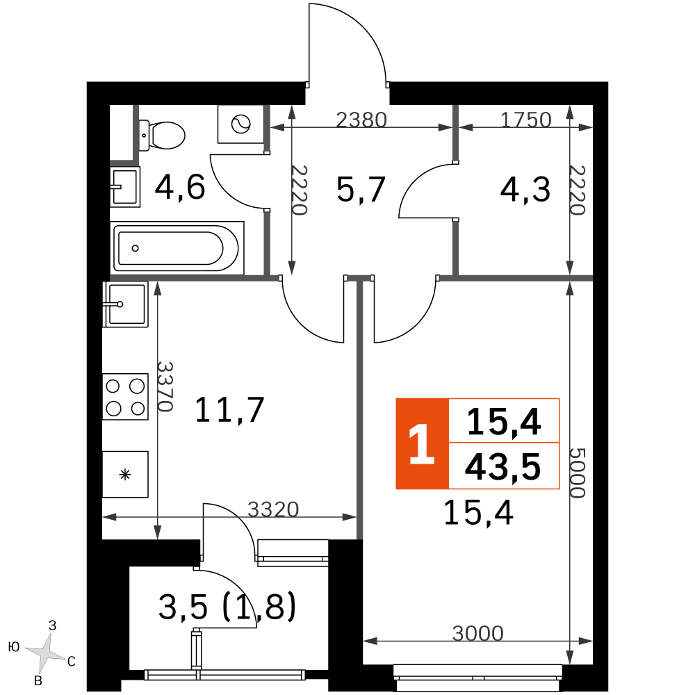 1-комнатная 41 м2 в ЖК Скай Гарден корпус null этаж 3