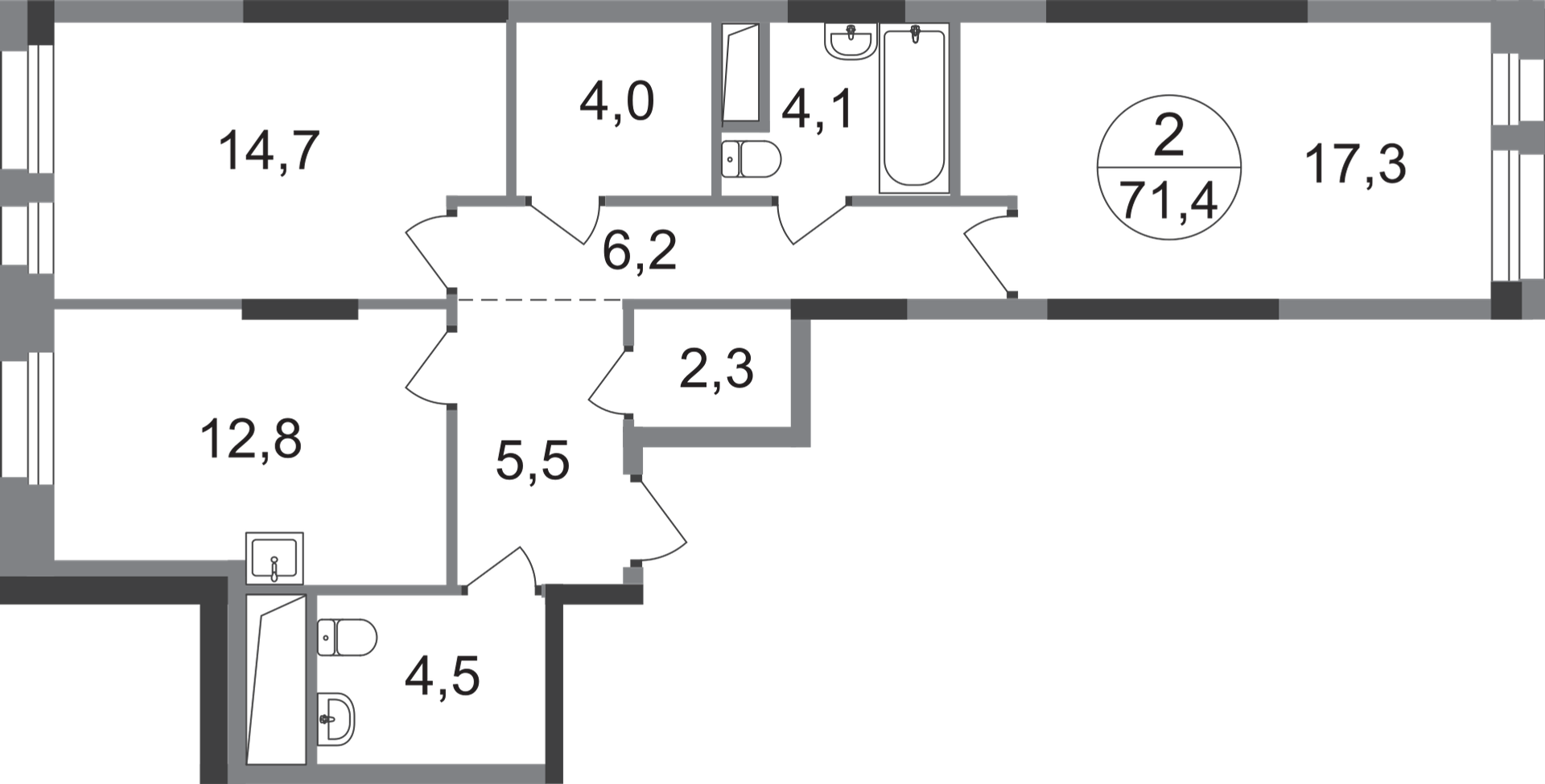 2-комнатная 71 м2 в ЖК Первый Московский корпус null этаж 9
